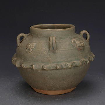 西晉越窯青釉四系獸頭罐民間收藏品手工瓷古玩古董老貨舊貨擺件