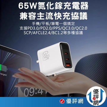 CYKE數顯快充頭 雙USB-C+USB-A充電器 65W三孔PD快充頭 GaN氮化鎵 旅充頭 充電器