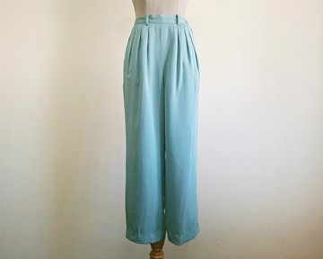 復古藍色打褶高腰鬆緊帶長褲 XS S 碼 25 26