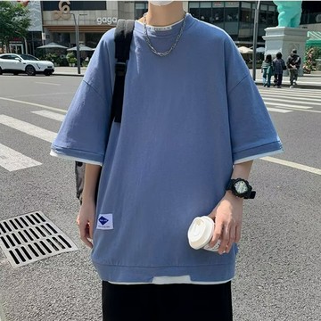 假兩件落肩T恤 短T 五分袖 寬鬆 落肩款 假二件 潮流 四色任選(ATSF2051)【Fizze】