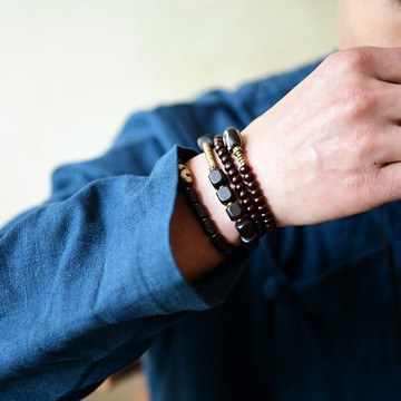 天然黑檀金曜石混搭木質佛珠手串p169復古黃銅配飾男士不規則手鏈