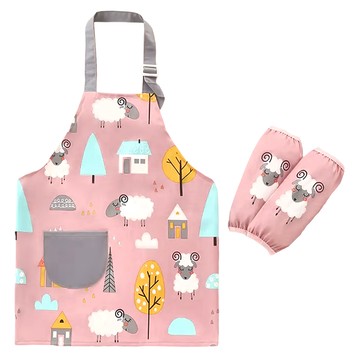 兒童小口袋防水防油圍裙畫畫兜 + 袖套  150碼  綿羊 粉色