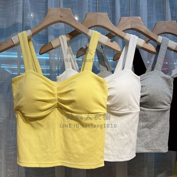 純棉褶皺帶胸墊背心一體固定杯小可愛寬肩中長款打底美背百搭上衣女【時尚大衣櫥】