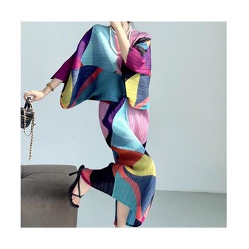 【巴黎精品】現貨+預購 三宅風皺褶衣服洋裝褶皺長裙連身裙摺衣彈力女裝顯瘦折衣大碼-印花收腰女裙子a1jb12