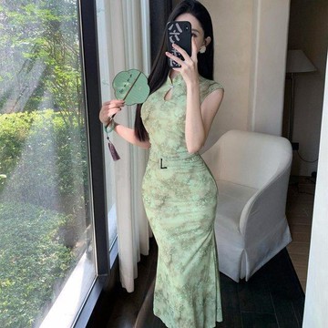 商城熱賣⭐改良旗袍 立體剪裁  凸顯腰身 優雅端莊 新中式國風網紗印花彈力無袖包臀旗袍裙復古性感鏤空露肩連衣裙潮