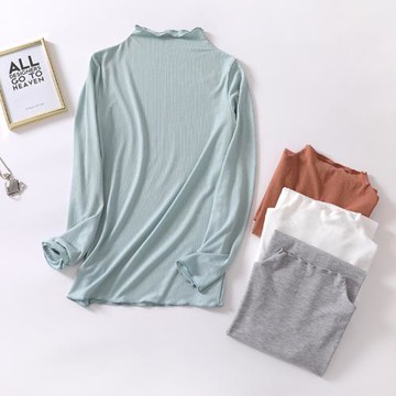 新款打底衫女長袖春夏莫代爾棉薄羅紋內搭高領黑白色內衣休閑t恤