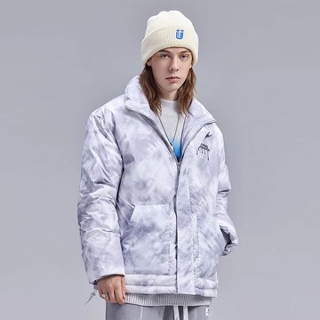 冬季灰色水墨印花半高領羽絨服外套