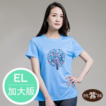 【岱妮蠶絲】透氣舒適休閒女短袖鳳眼蠶絲印花圓領T恤-拼圖花-藍 / EL加大尺碼(PWL3BH01)