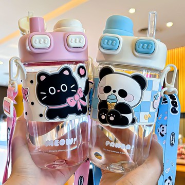 卡通小貓系列雙蓋塑膠杯杯帶繩方便攜帶卡通杯套矽膠吸管飲水杯批
