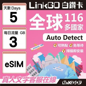LINKGO白鑽卡 全球116國 eSIM卡 5天上網卡 每日3GB(全球網卡 亞洲 歐洲 美洲 大洋洲 非洲)