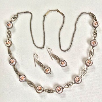 古董手繪玫瑰珠琺瑯項鍊【畢業禮物】