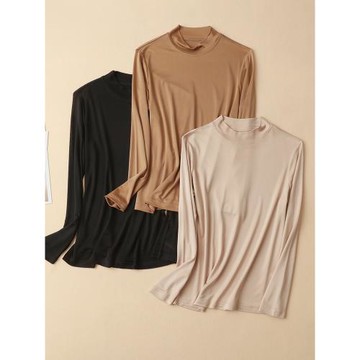 真正的重磅加厚100%桑蠶絲半高領保暖上衣小立領打底衫上衣女秋冬