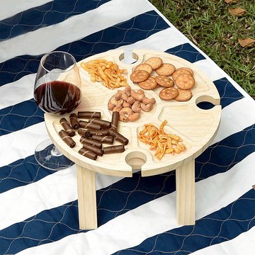 便攜兩用原木摺疊野餐小桌分隔盤紅酒杯架