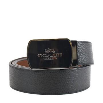 COACH 男款 琺瑯釦頭素面荔枝紋寬版皮帶-黑色/棕色