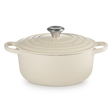 LE CREUSET -典藏琺瑯鑄鐵鍋圓鍋 20 cm(杏仁奶茶-鋼頭-內鍋白)