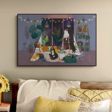 ABOO YANG 來散步｜等你回家 －貓咪（黑夜版） - 楓木色鋁框-大尺寸