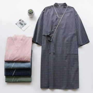 格子日式和服睡袍男女春夏季純棉棉布薄款寬松汗蒸情侶浴袍家居服