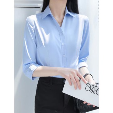 職業裝藍色襯衫女夏季大碼中袖七分袖上衣面試正裝V領工裝白襯衣
