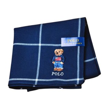 RALPH LAUREN POLO 品牌帥氣毛衣小熊刺繡LOGO字母圖騰正格紋帕領巾(深藍格/48CM)