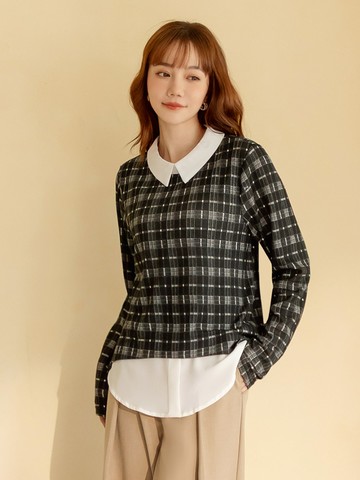 假兩件翻領格紋拼接上衣