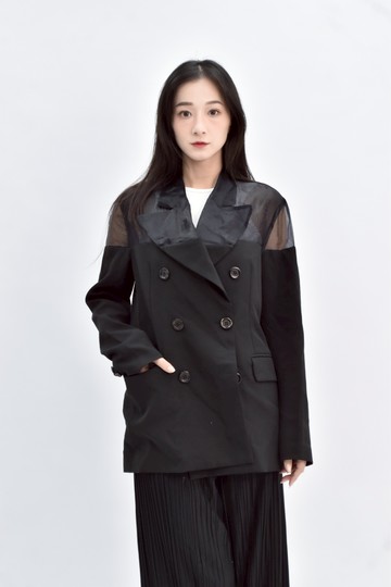 (S) 【德馨私服】質感紡紗長袖拼接透膚黑色外套