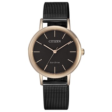 CITIZEN 星辰 城市輕旅光動能簡約米蘭帶腕錶-玫瑰金框x黑-女錶(EM0577-87E)30mm