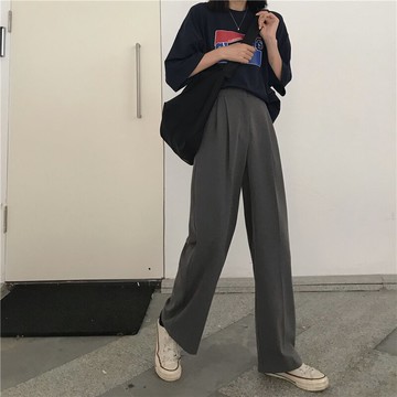 秋裝復古寬松闊腿西裝褲女百搭顯瘦高腰拖地褲純色學生休閑褲1入
