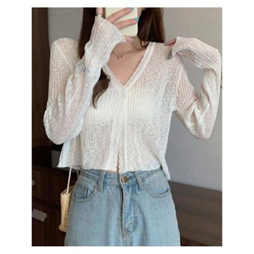 白色雪紡針織開衫披肩V領新款女秋冬外搭長袖防曬空調衫上衣薄款