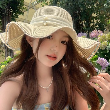 免運🌞蕾絲珍珠波浪邊蝴蝶結草帽女夏季遮陽海邊度假大帽檐防曬太陽帽子漁夫帽 素面遮陽帽 防曬帽 抗uv 穿搭必備 學生帽