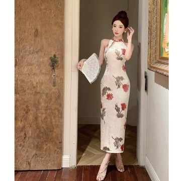 【桃喜Rich女裝】新中式復古女裝 玫瑰印花改良式旗袍 純欲開叉連衣裙 國風尾牙洋裝 派對宴會服長裙 修身顯瘦連衣裙