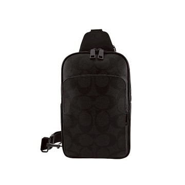 [平輸版] 【COACH】黑灰大C Logo PVC拼接素面皮革直式單肩後背胸包男包 真品平輸