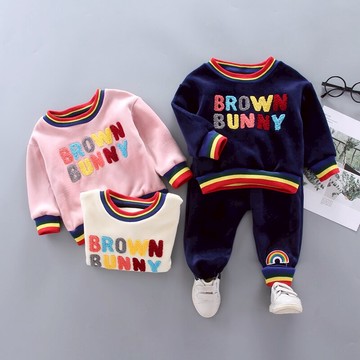 兒童金絲絨加絨加厚衛衣套裝秋冬男女童連帽金貂絨運動洋氣兩件套