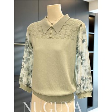 時尚減齡雪紡拼接針織衫女媽媽裝秋裝新款上衣氣質百搭中老年小衫