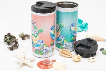 麻雀獻藝 咖啡保溫杯x插畫 | 粉紅色/綠色