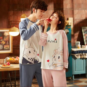 情侶睡衣女春秋薄款甜美長袖套裝可愛卡通大碼寬松男士秋冬家居服