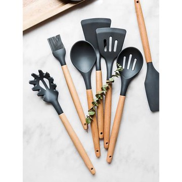 陶歪歪木柄硅膠鍋鏟不粘鍋專用炒菜鏟長柄湯勺耐高溫家用廚具套裝