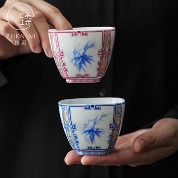 手繪梅蘭竹菊四君子杯白瓷品茗杯家用防燙茶杯男女個人專用主人杯