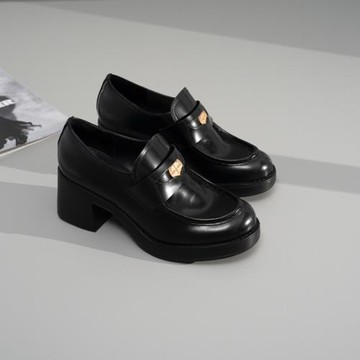 2023新款金幣樂福鞋厚底粗高跟單鞋一腳蹬英倫風黑色小皮鞋增高鞋