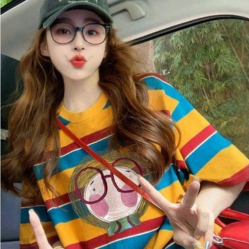 美式撞色紋短袖t恤女 新款夏季潮牌卡通學院風寬鬆顯瘦上衣