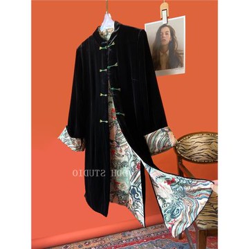 復古真絲絲絨盤扣外套女中國風女裝2024年新款秋冬緞面開衫中長款