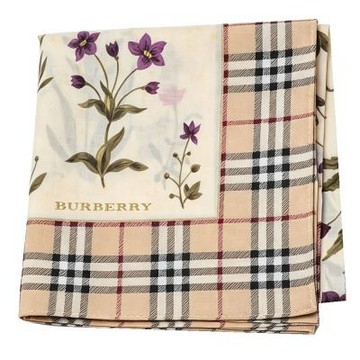 BURBERRY 巴寶莉 繽紛花朵圖騰字母LOGO格紋滾邊棉質帕領巾(駝色系/50CM)