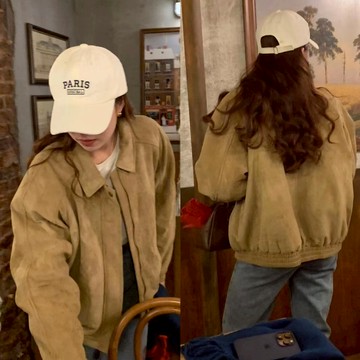 【太妮絲LI03】現貨韓系 麂皮外套 美拉德 鹿皮絨 棒球外套 INS 復古棕色 寬鬆 機車風 外套 夾克 加厚 復古色