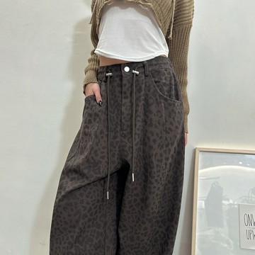 豹紋寬版牛仔褲-灰【KT201727】
