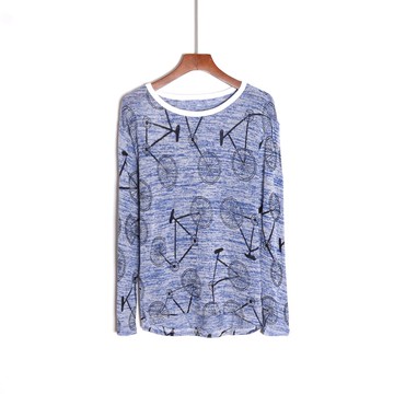 春裝女通勤修身長袖圓領印花拼色毛衣打底衫上衣服潮流