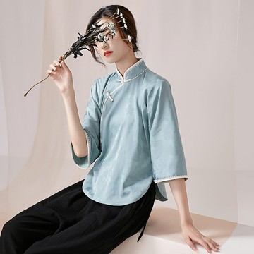 民國風倒大袖晚清旗袍上衣漢服女中國風套裝棉麻唐裝禪意茶服春秋