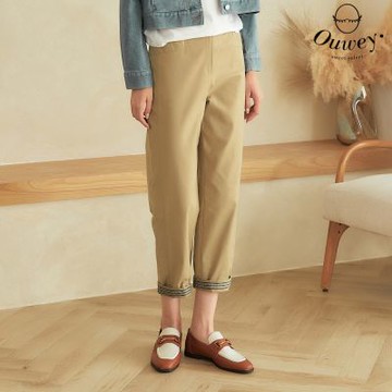 OUWEY歐薇 簡約率性單釦造型多切線棉質直筒褲(卡其色；S-L)3223026416