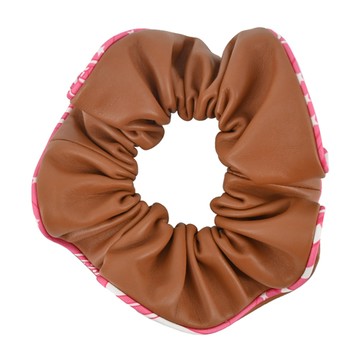 Hermes 愛馬仕 Claudia Sangles en Zigzag Bandana 印花絲質斜紋滾邊小羊皮髮圈(金/玫瑰杜鵑花)