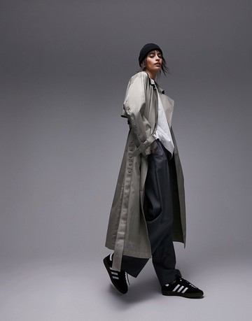 Topshop long-line popper trench coat in khaki-Green