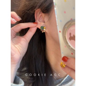 cookie飾品韓國獨特絕美重工輕奢手工綠色新中式耳環925銀針耳釘