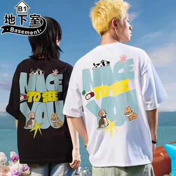 地下室B1-NICE字母印花短袖T恤 街頭潮流五分袖上衣 可愛狗狗貓咪圖案 情侶百搭 大尺碼8XL【NL626204】